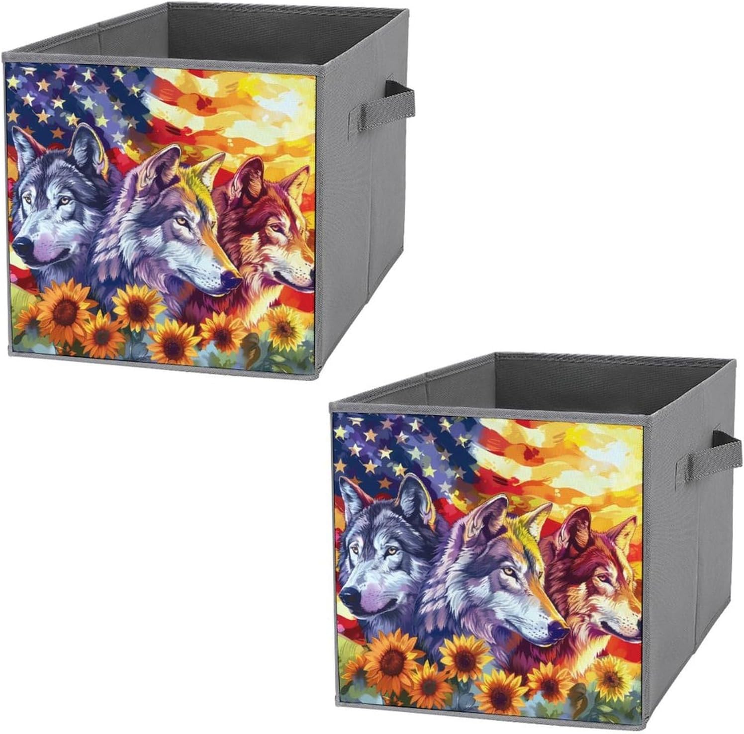 Wolf Sunflower American Flag Foldable Storage Cubes Organizers Storage Bins Square Storage Baskets for Clothes Toys 2PCS Wolf Sunflower American Flag Foldable Storage Cubes Organizers Storage Bins Square Storage Baskets for Clothes Toys 2PCS