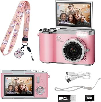 Kids Camera,4K Digital Camera for Photography,48MP 1080P HD Video Selfie Camera,with 180 Flip Screen Flash,with 32GB SD Card,for Starter Kid Children Teen Student Girl BoyPink