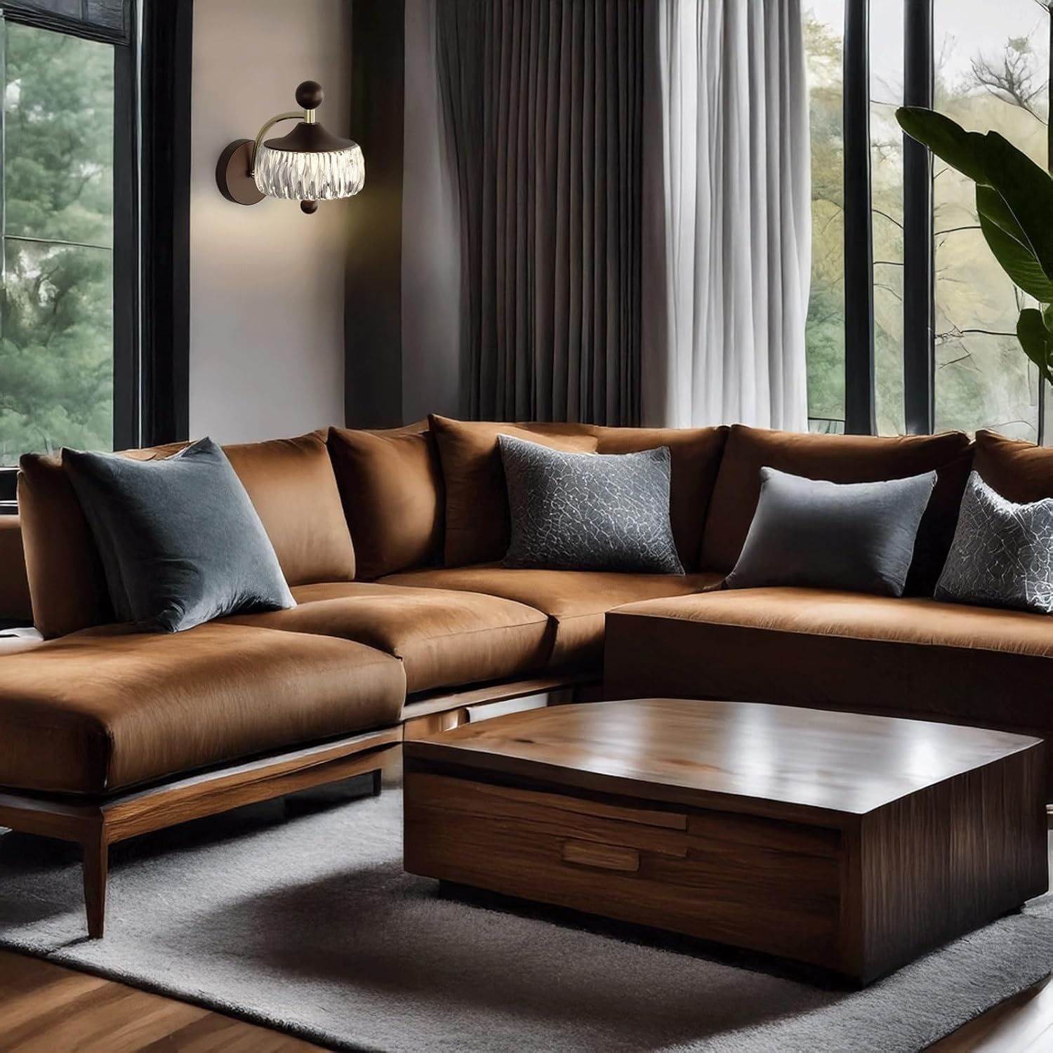 Modern Luxury Wall Sconce Brown Metal Brass Accents & Clear Wavy Shade LED Wall Lamp for Bedroom Hallway Living Room Hotel Lobby Apartments Entryway Contemporary Art Decor Ambient Lighting