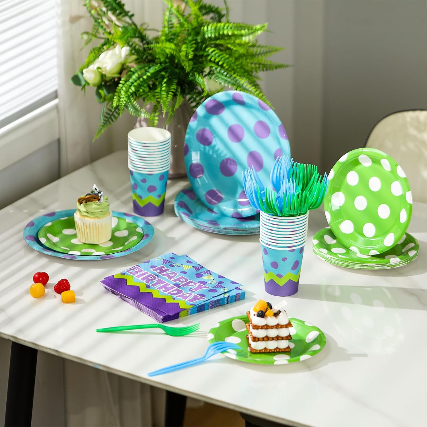 Baderke 120 Pcs Monster Birthday Party Supplies Monster Plates Napkins Cups and Forks Birthday Party Table Decorations Disposable Cake Tableware Set for 24 Guests - Image 5