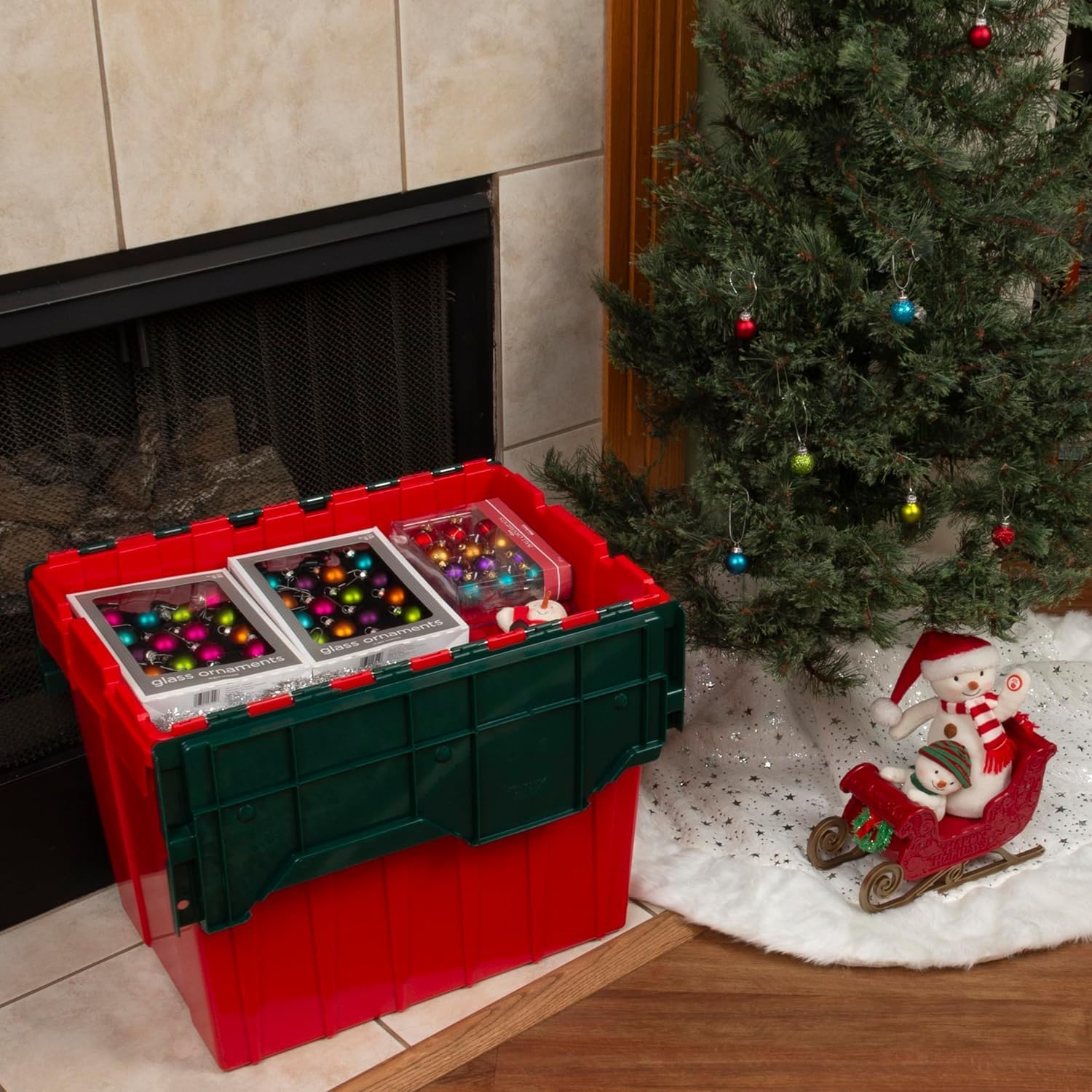 Akro-Mils KeepBox 18 Gallon Storage Container, Nesting and Stackable Plastic Storage Box with Lid Attached, Organizer Tote for Garages, Closets, and Moving, 21" x 15" x 17", Red/Green