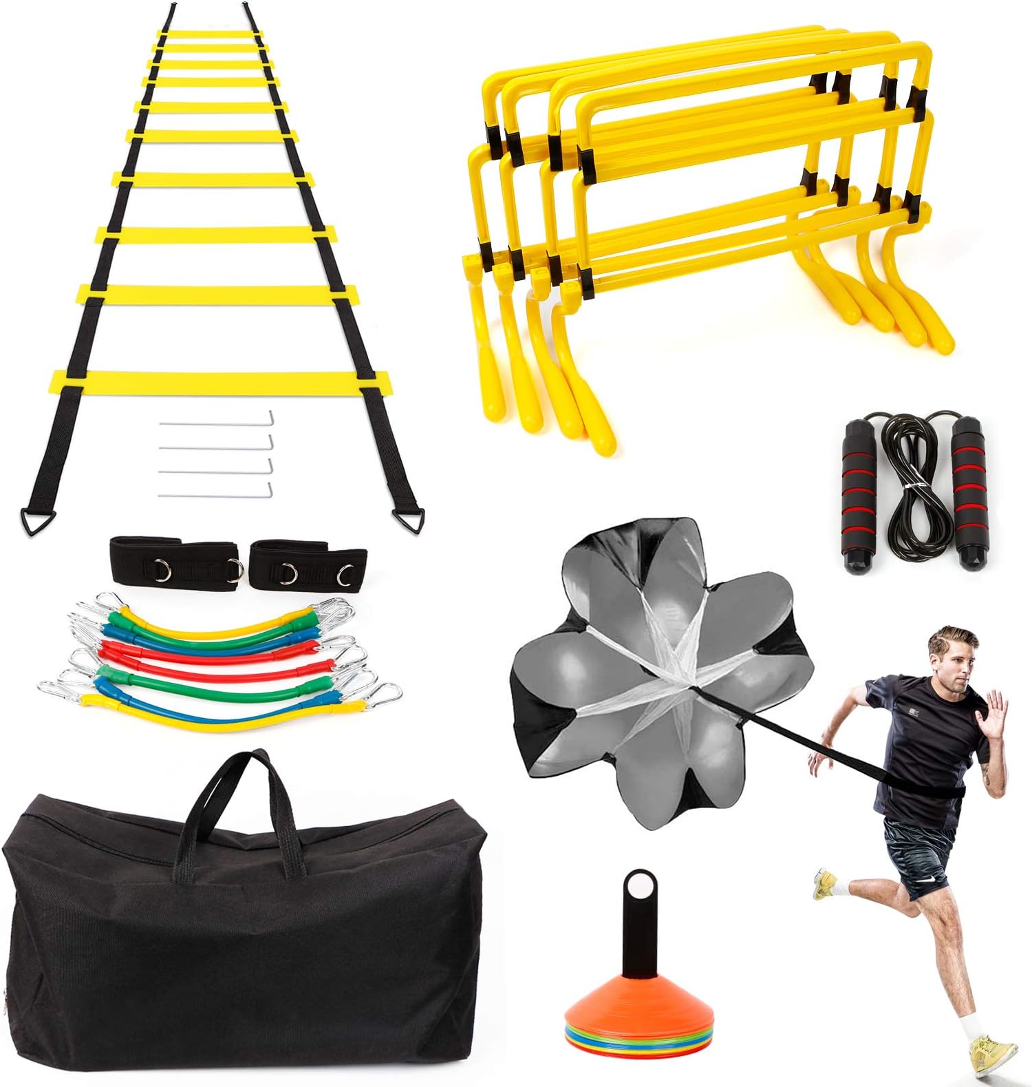 RAIN QUEENSpeed Agility Training Equipment Set, Includes 4 Adjustable Hurdles, Agility Ladder, Leg Resistance Bands, Resistance Parachute, Jumping Rope & Carry Bag, 20 Disc Cones,