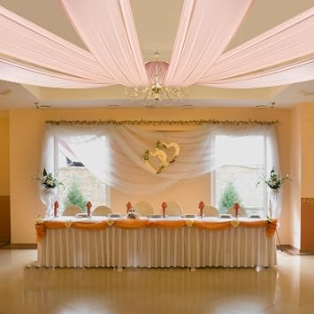 Chiffon Ceiling Drapes,6 Panels 5FT x 20FT Light Peach Ceiling Curtains Wedding Draping Fabric Sheer Swag Drapes Decorations Tent