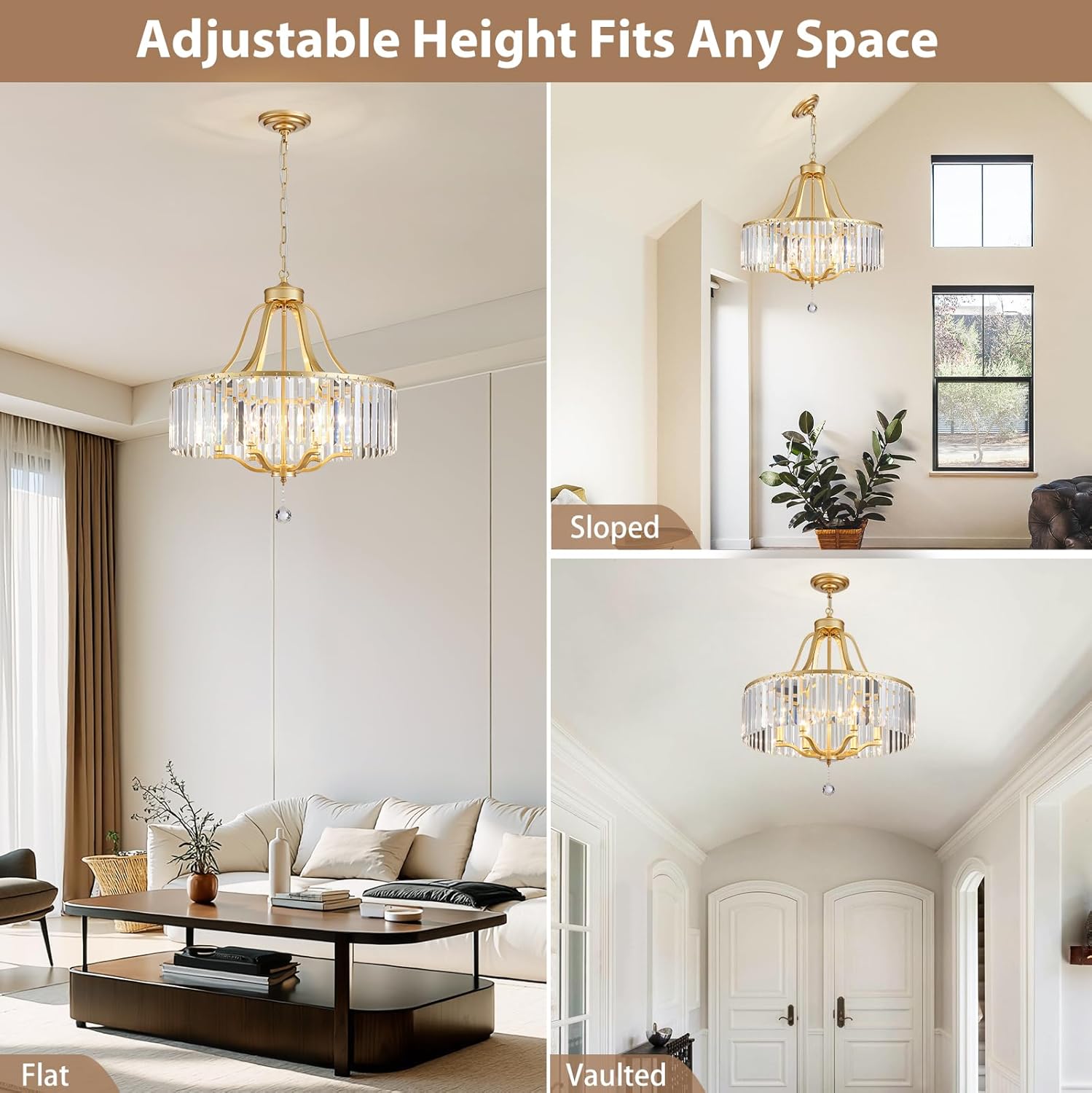 6-Light Crystal Gold Chandeliers for Dining Room 22 Inch Modern Farmhouse Chandelier Large Pendant Lighting Fixture Round Hanging Lamp for Living Room Kitchen Island Hallway Bedroom Foyer Hall