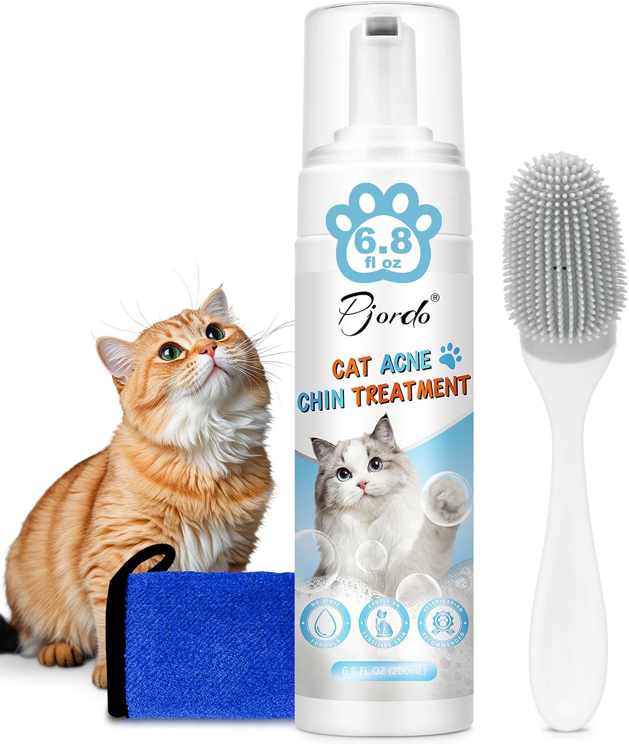 Pjordo Cat Acne Chin Treatment, 6.8 fl.oz Cat Chin Cleaner Kit with Cleaning Brush and Cloth, Remove Cat Chin Blackheads & No-Rinse Foam for Quick Clean, Soothes Chin Acne