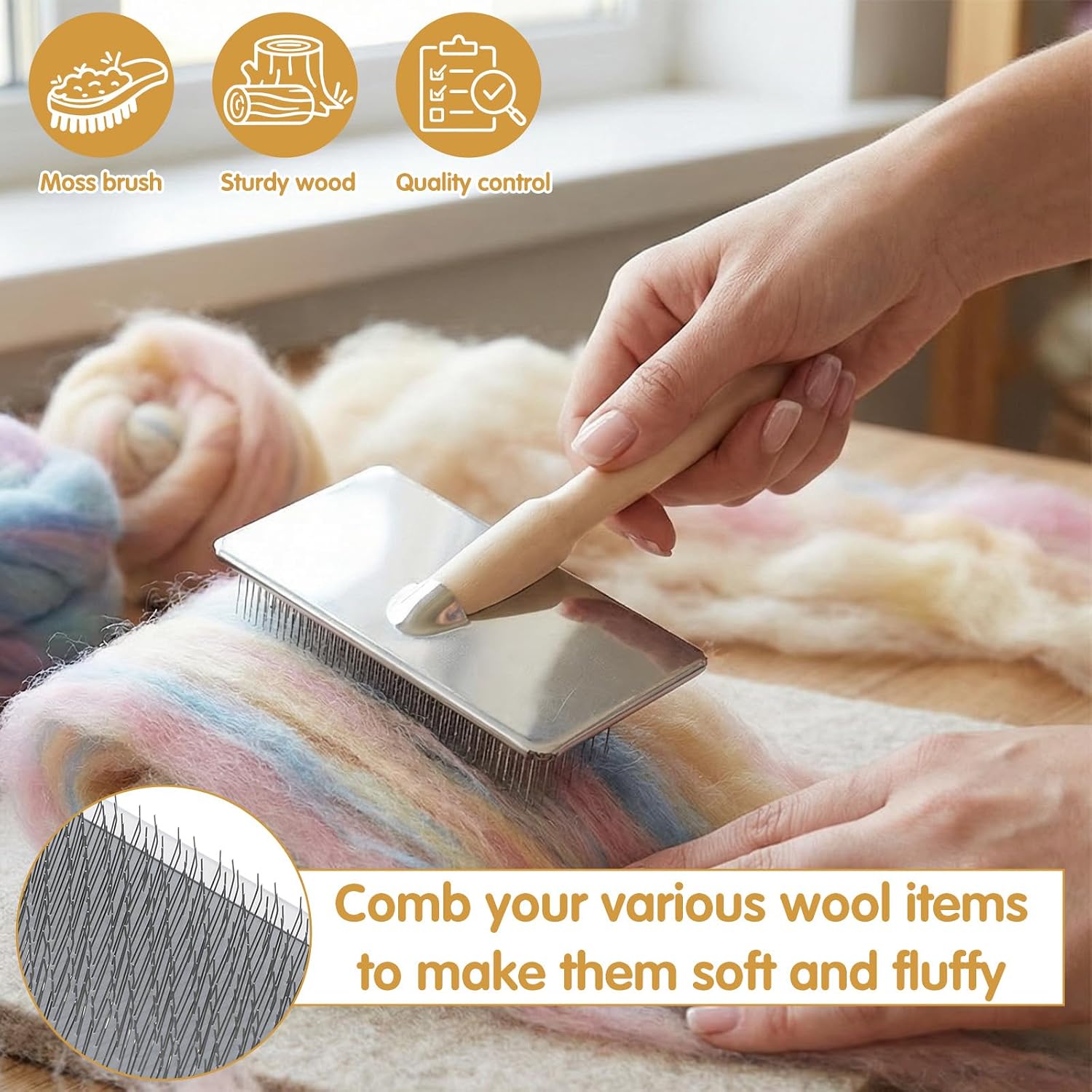 6 Pcs Wool Carders, Hand Carding Brushes for Needle Felting & Craft Projects, Wood & Stainless Steel Pet Grooming Tools, 7.09 x 4.72 Inch Large Size Fiber Blending Brushes