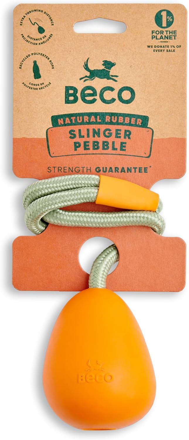 Beco Dog Toy - Natural Rubber Ball Pebble on a Rope Toy for Dogs, Egg Shape - Orange