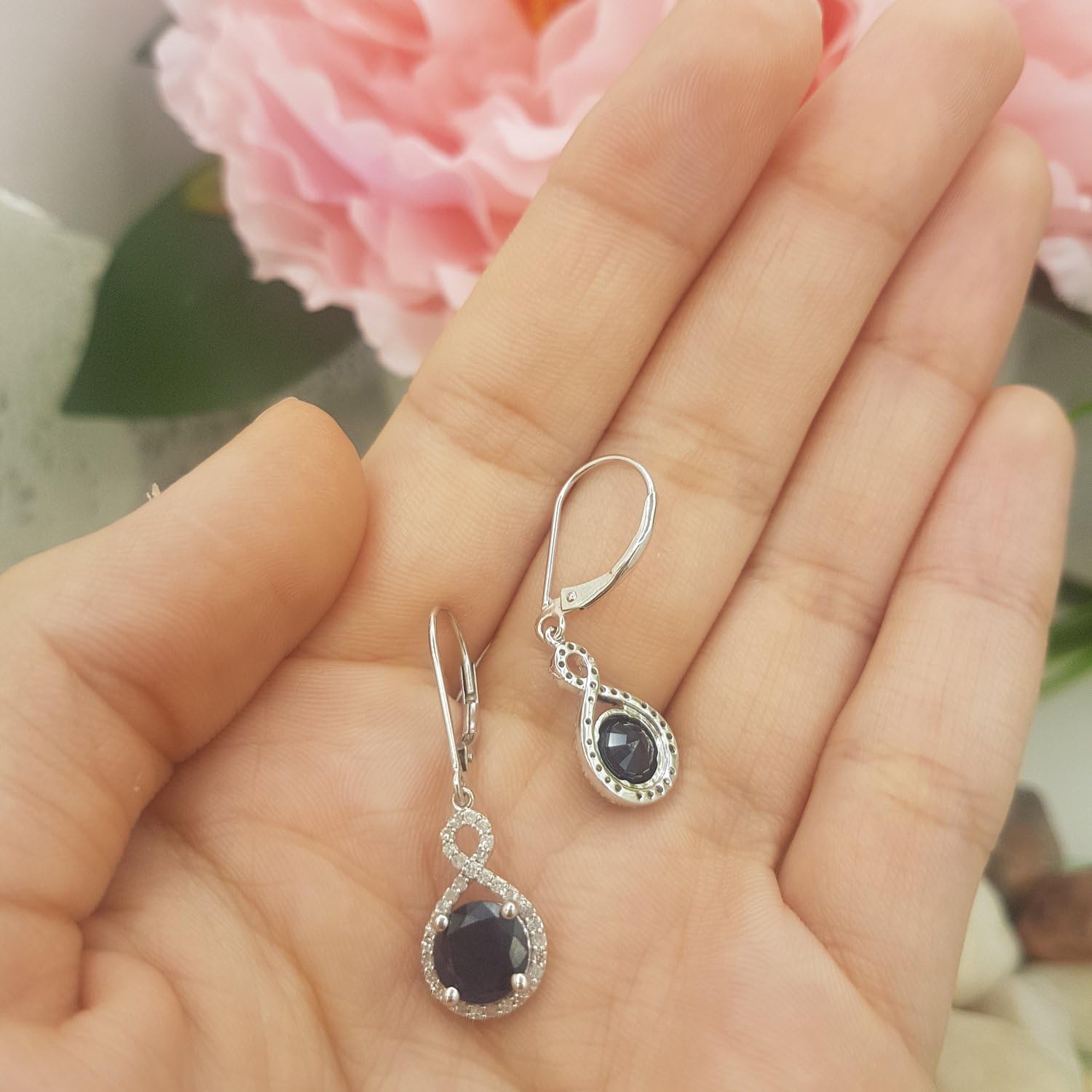 Dazzlingrock Collection 10K Real Solid Gold 7mm Each Round Blue Sapphire & White Natural Diamond Women Infinity Drop Earrings - Image 3