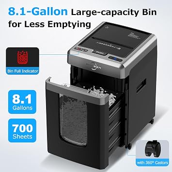 BONSEN 300-Sheet Auto Feed Micro Cut Heavy Duty Paper Shredder for Office | 60-Min Run, P-4 High Security, 2-in-1 Mode with Anti-Jam System, 58dB Ultra-quiet, 8.1-Gal Bin with Casters S3113