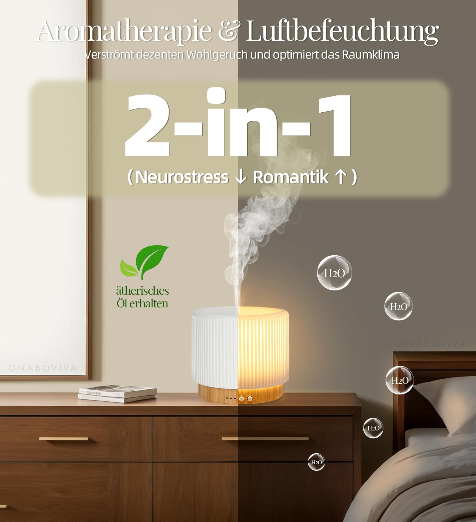 Aroma Diffuser – 280ml Ultraschall Diffusor für ätherische Öle mit Luftbefeuchtung und Schlaf-Nachtlicht aus Keramik & Bambus, Auto-Off, BPA-frei, geräuschlos, ideal für Zuhause, Büro und als Geschenk