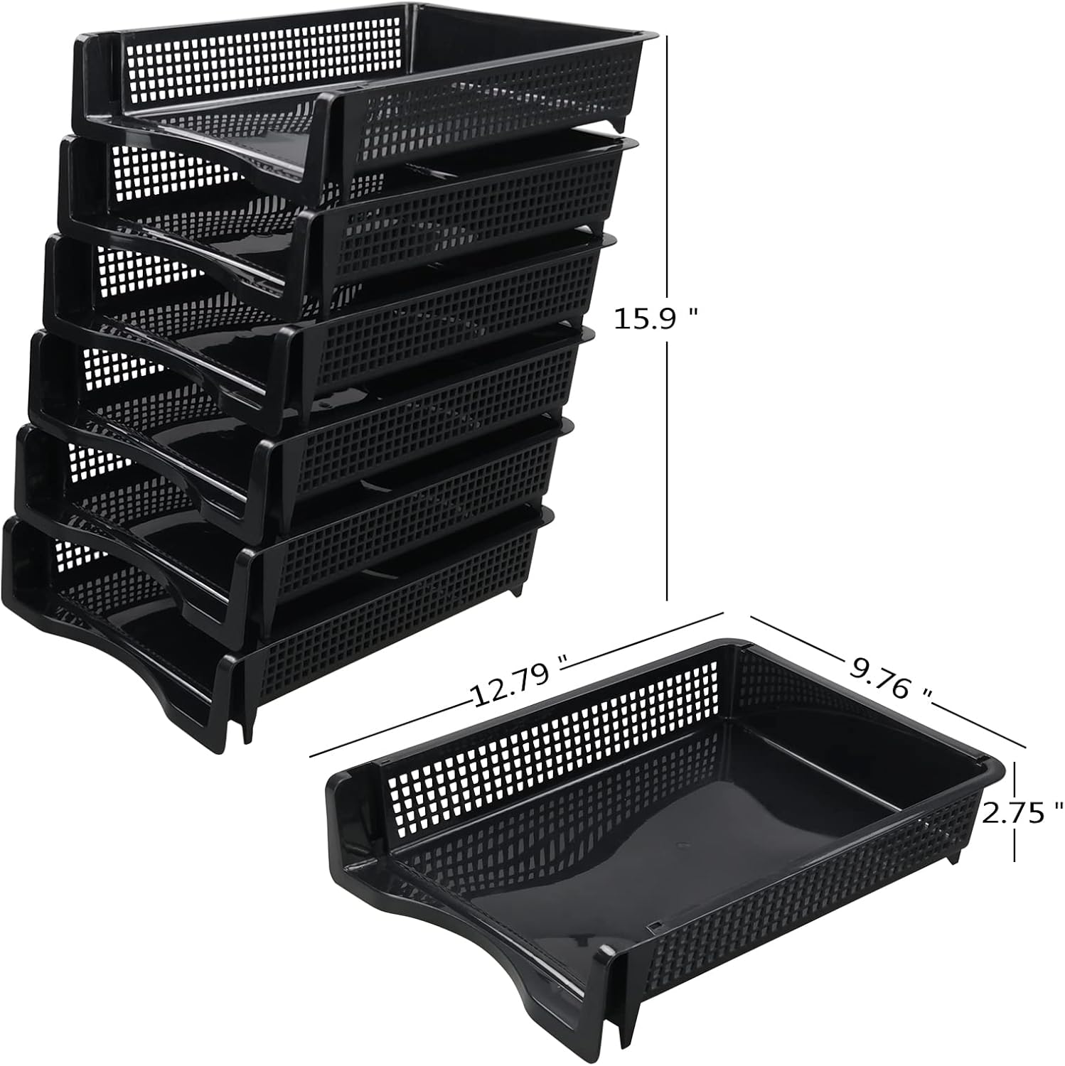 6-Tier Stackable Office Paper Tray, Plastic Stackable Letter Tray, Black