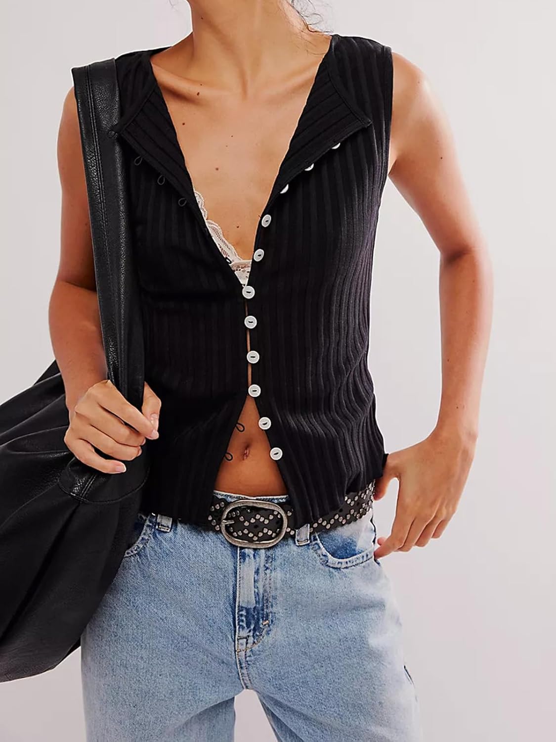 Womens Summer Sleeveless Slim Fitted Tank Tops Ribbed Knit Vest Button Down Y2k Shirts - Image 2