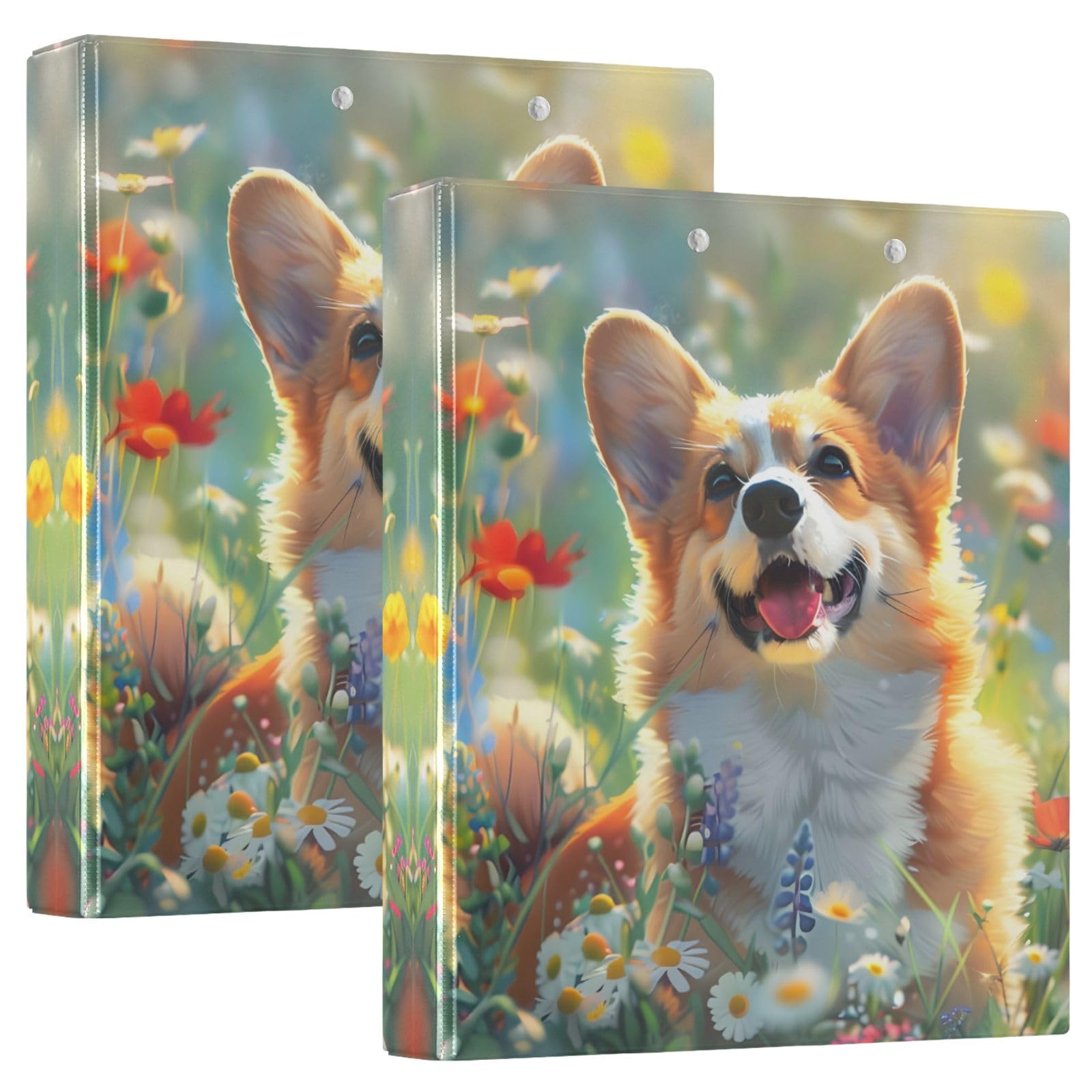 Happy Corgi in Spring Field - Raccoglitore a 3 anelli, 3,8 cm, contiene 200 fogli con 3 tasche interne in PVC trasparente, per scuola e ufficio