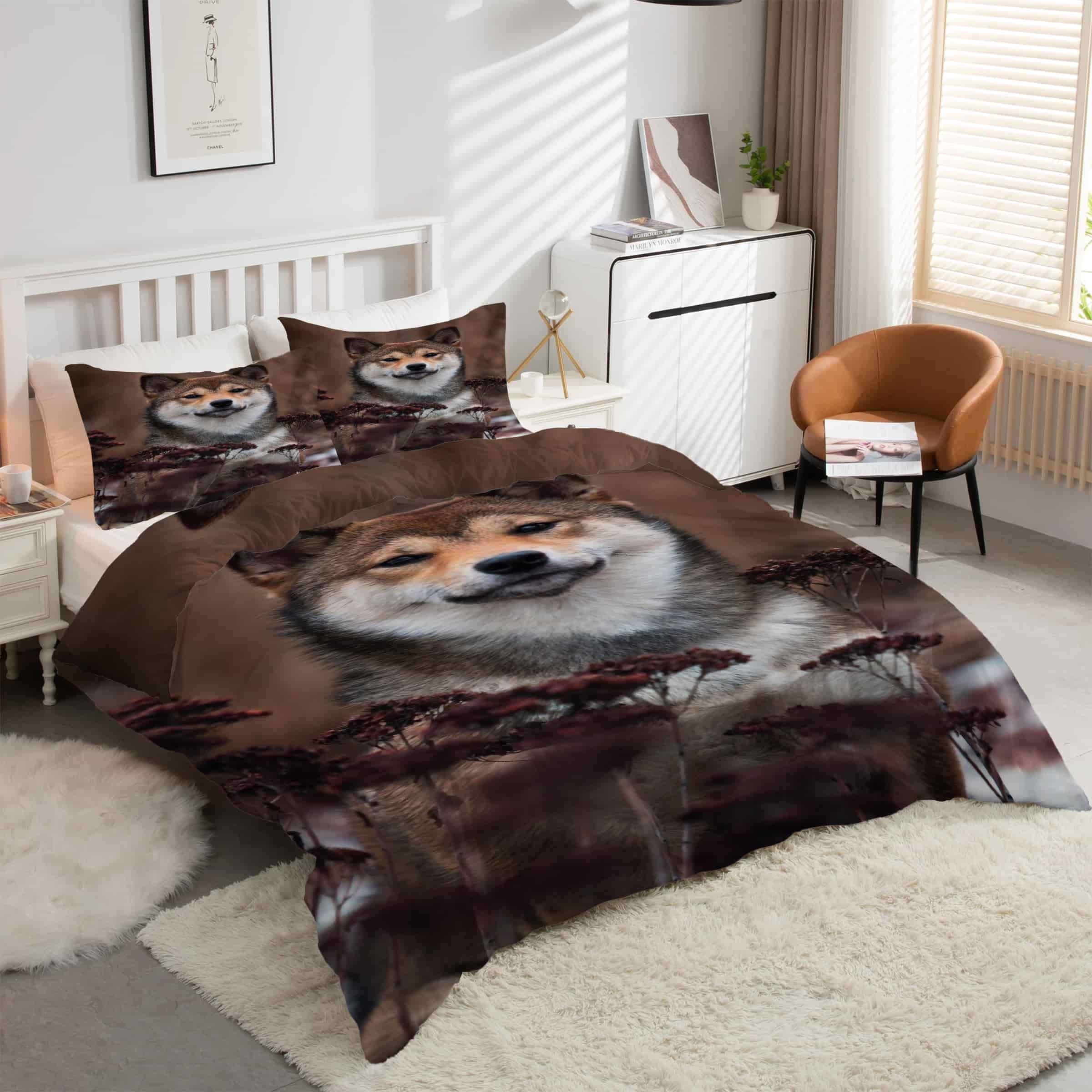 Housse de couette 220x240 Shiba anti-glisse avec fermeture éclair pour literie 3 pièces