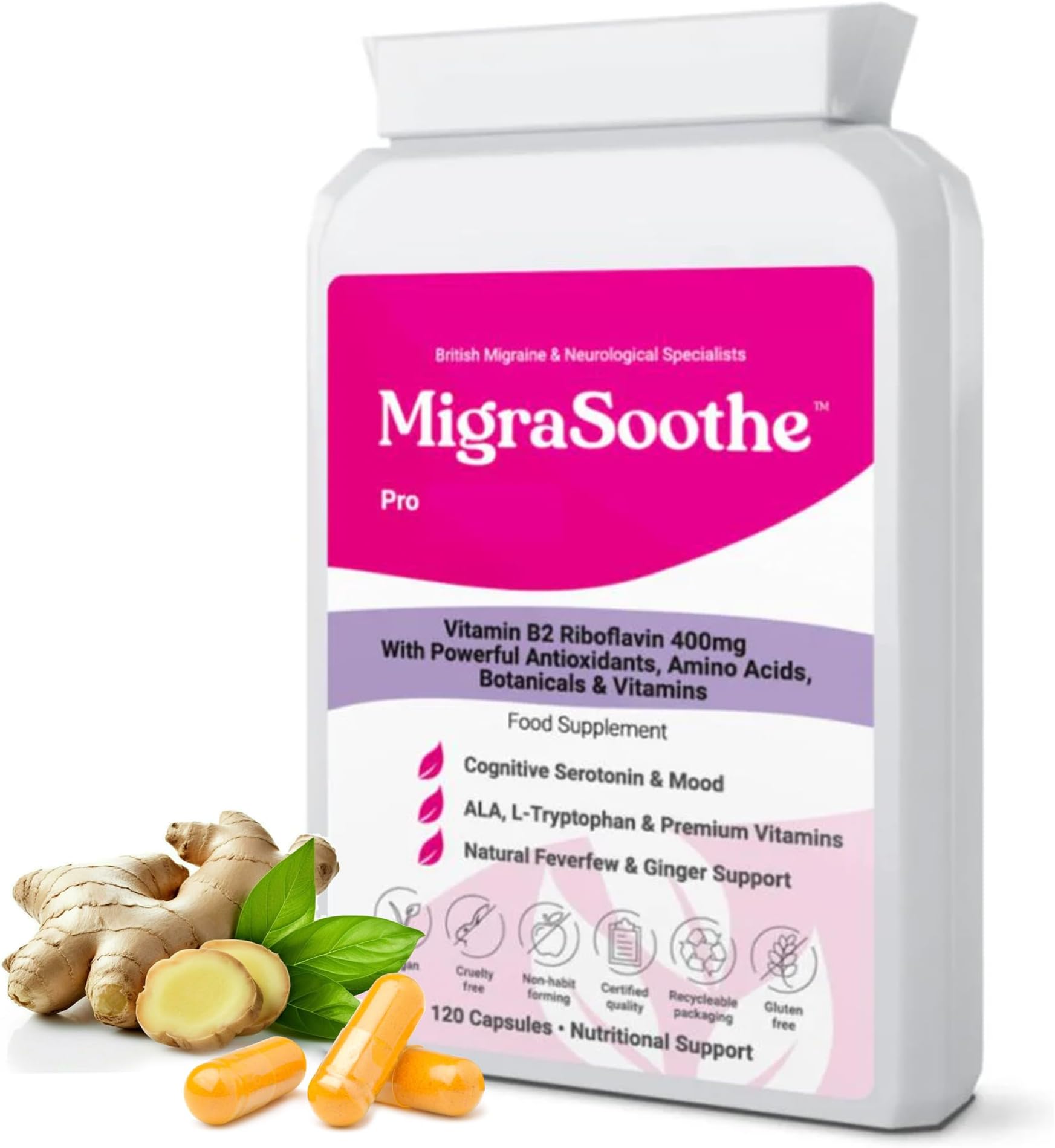 MigraSoothe Pro Version B2 Riboflavin 400 Mg & Migraine Relief Tryptophan, ALA Feverfew Ginger B6, B12 Folic | Tremors | Mood | Energy NHS Recommended UK