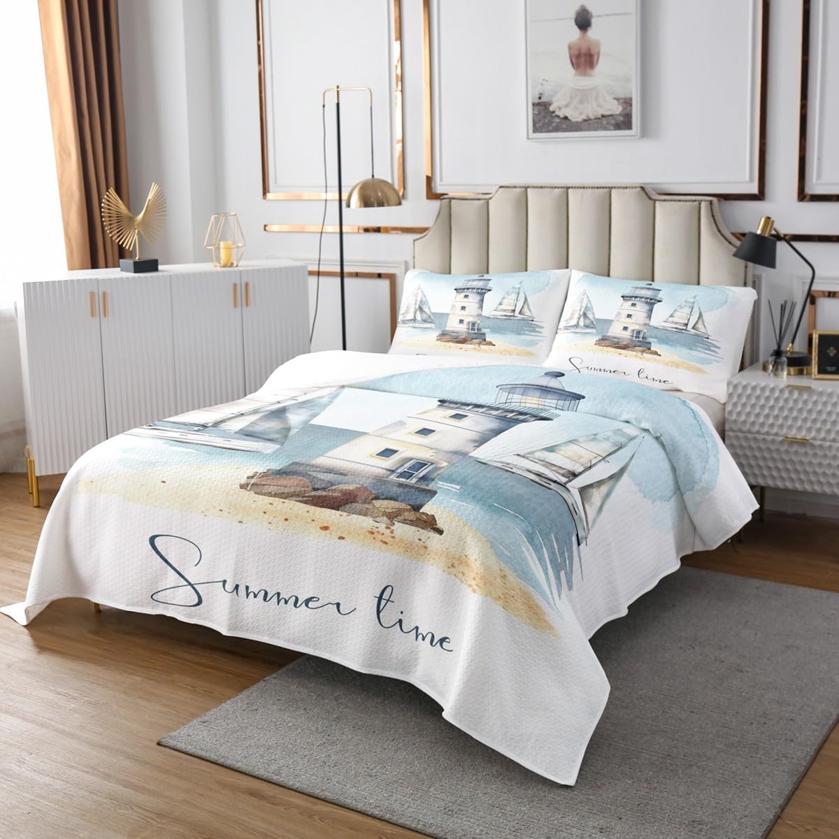 Erosebridal Nautical Bedspread Set Sailboat Lighthouse Quilt Set Watercolor Ocean Themed Coverlet Queen Summer Beach Bedding Set Decoratives 3pcs Sea Adventure Bedroom Decor, Luxury White Light Blue