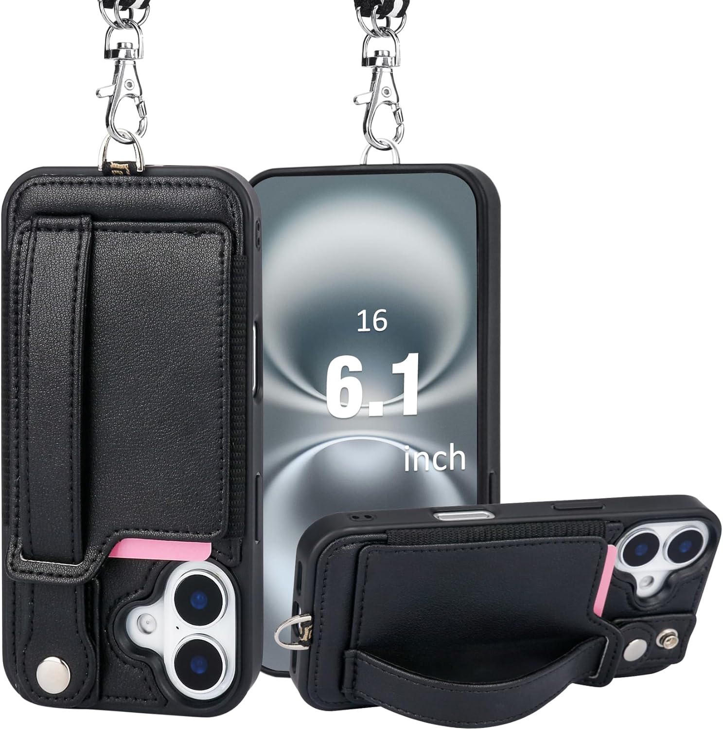 TOOVREN Phone Case for iPhone 16 Wallet Case with Card Holder Stand Strap Lanyard Case fits iPhone 16 Case with Wallet PU Leather Shockproof Detachable Phone Cover for Women & Men 6.1 Inch Black