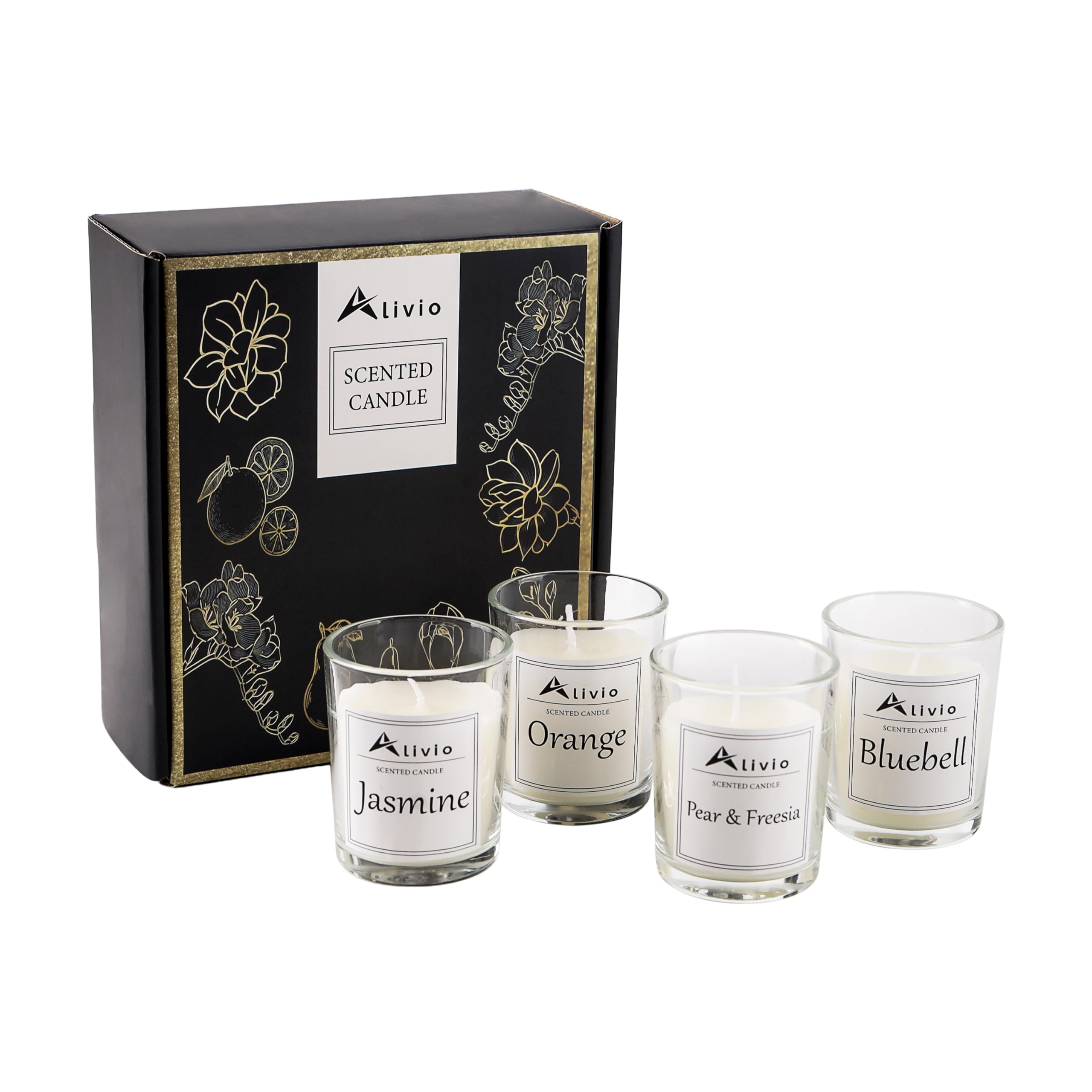 Alivio Scented Candle Gift Set, Premium Aromatherapy Candles in Glass Jars – Jasmine Orange Pear & Freesia, Bluebell Fragrance for Home Decor, Relaxation & Gifting, 100% Natural Soy Wax (Pack of 4Pc)