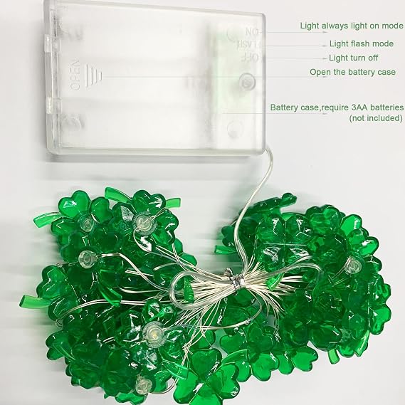 St. Patrick's Day Decorations String Lights Battery Operated,13FT 40 LEDs Shamrock Green Clover Lights for St. Patrick's Day Decorations, Bedroom and Party