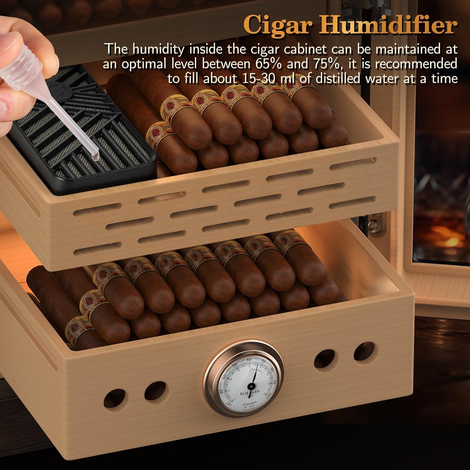 Cigar Humidor, Lighted Control Magnetic Door Desktop Cigar Humidor Cabinet,with Cigar Accessory Drawer and 2 humidifiers 3 Layer Large Capacity Humidor,Hold 100-150 Cigars (Brown) - Image 6