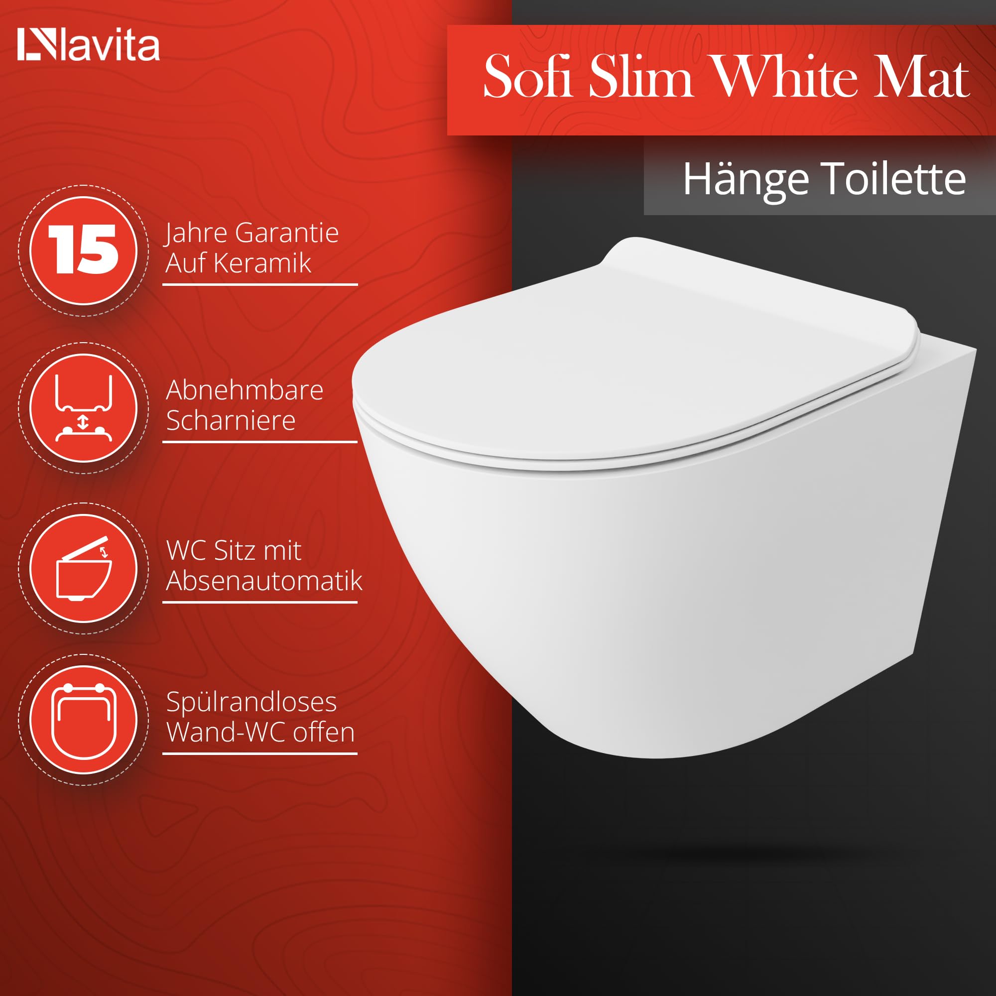 LAVITA | Elemento de pared Solido + pared colgante WC Sofi Slim blanco mate sin bordes + asiento de inodoro SoftClose | Botón dorado | Juego completo | cisterna empotrada | inodoro completo