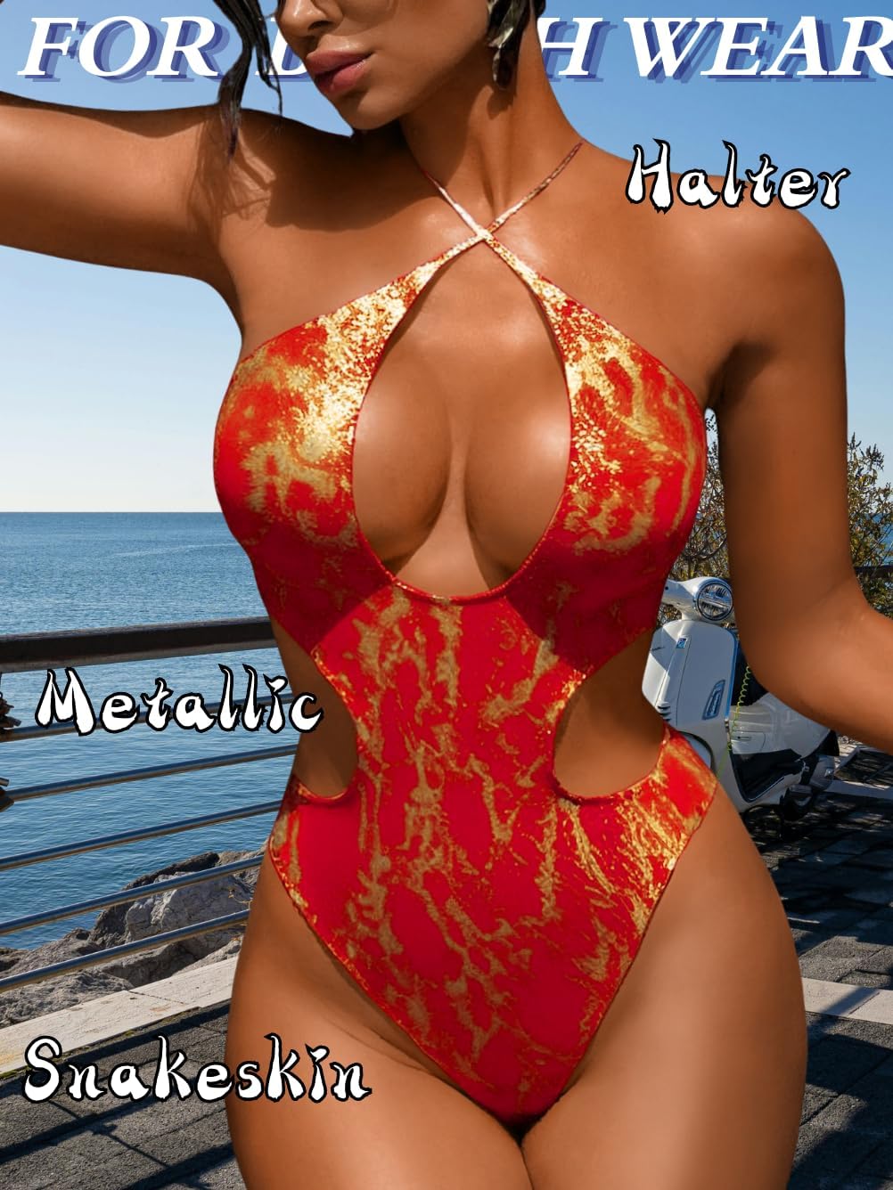 Women's Metallic Snakeskin Monokini, Crisscross Halter Cutout One Piece Swimsuit, Sexy Rave Festival Bodysuit