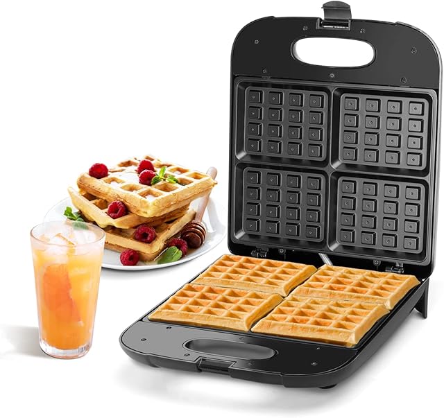 Aigostar 4 Slice Waffle Maker Iron for Family, 1400W Waffle Machine with Deep Non-Stick Cooking Plates, Locking Latch, Black - Dylan 30YVO