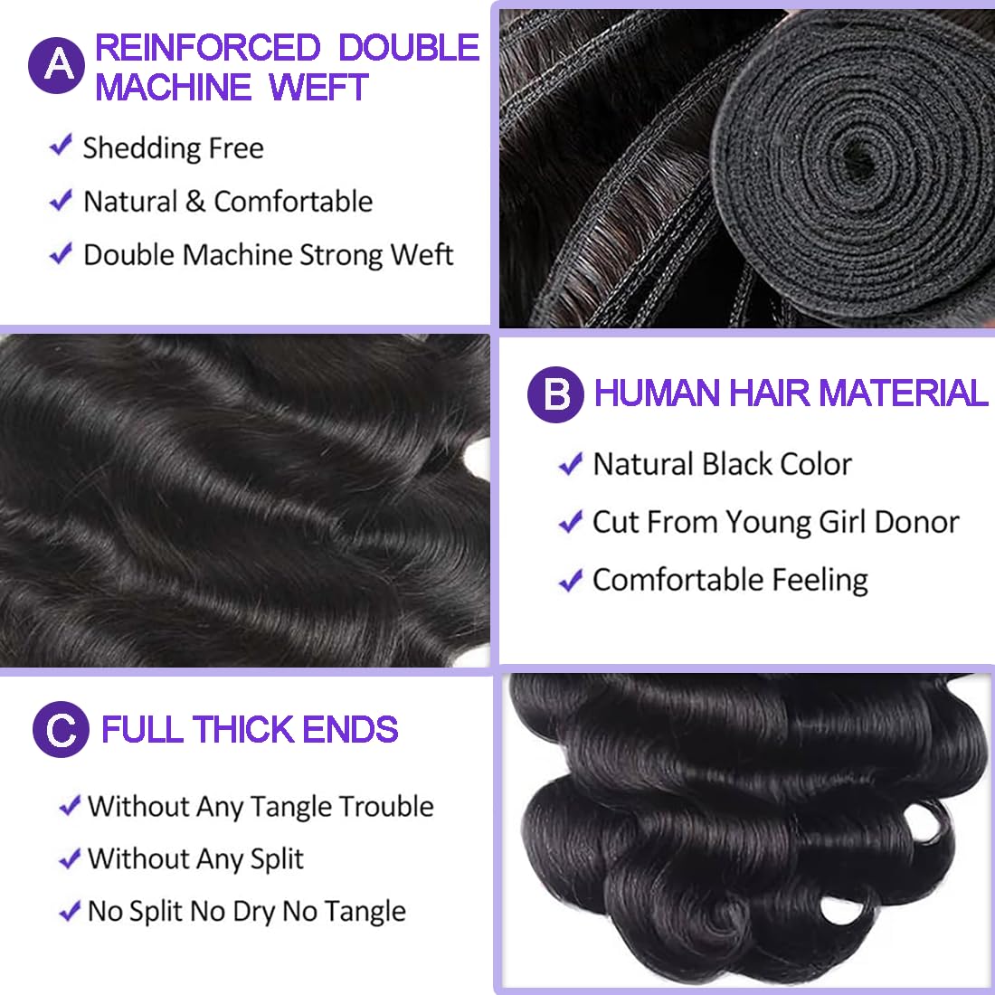 Body Wave Bundles Human Hair 16 18 20 Inch Human Hair Bundle 100% Unprocessed Brazilian Virgin Hair 3 Bundles Human Hair Extensions for Black Women Quick Weave Natural Color