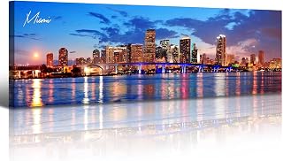 Office Wall Decor Miami Skyline Wall Art Panoramic Cityscape Picture Modern USA City Night View Canvas Prints for Bedroom Living Room Home Decoration Stretched and Framed Ready to Hang 13.8"x45.3"