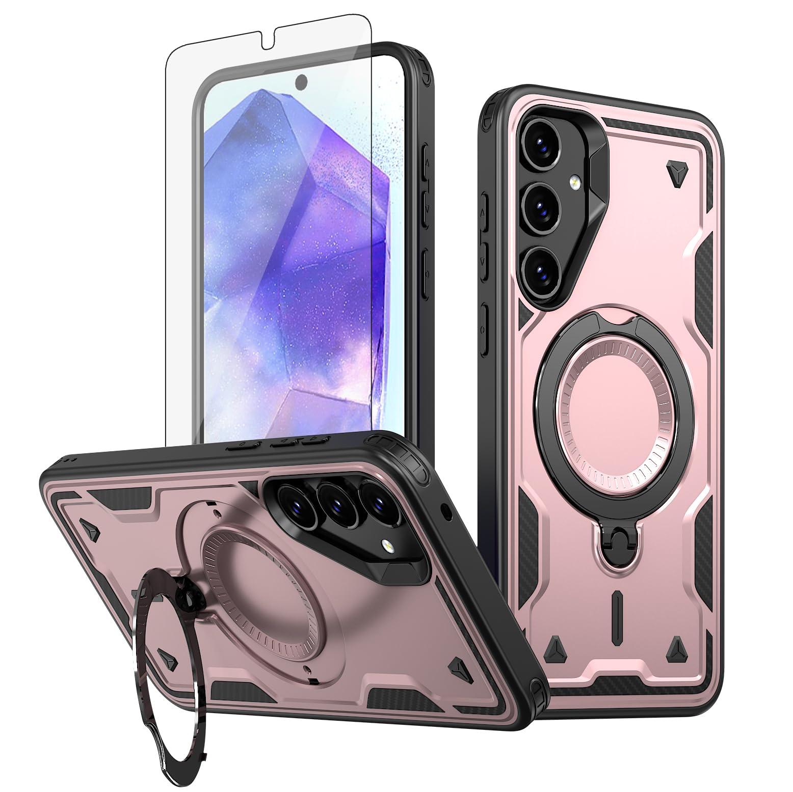 Asuwish Phone Case for Samsung Galaxy A25 5G Cover with Tempered Glass Screen Protector and Magnetic Ring Holder Kickstand Dual Layer Protective Cell Accessories A 25 25A SM-A256U Women Men Rose Gold