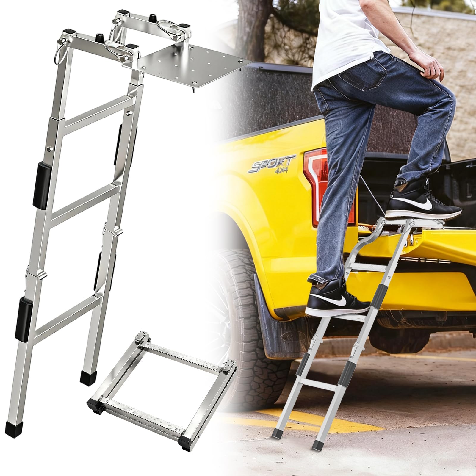 Tailgate Ladder for Pickup Trucks Bed Universal Fit - Rust-proof Stainless Steel Truck Step Adjustable to 41", Foldable Ladder&amp;Non-Slip Aluminium Steps, Steel Self Drilling Screws, Straps &amp; Bumper Pad