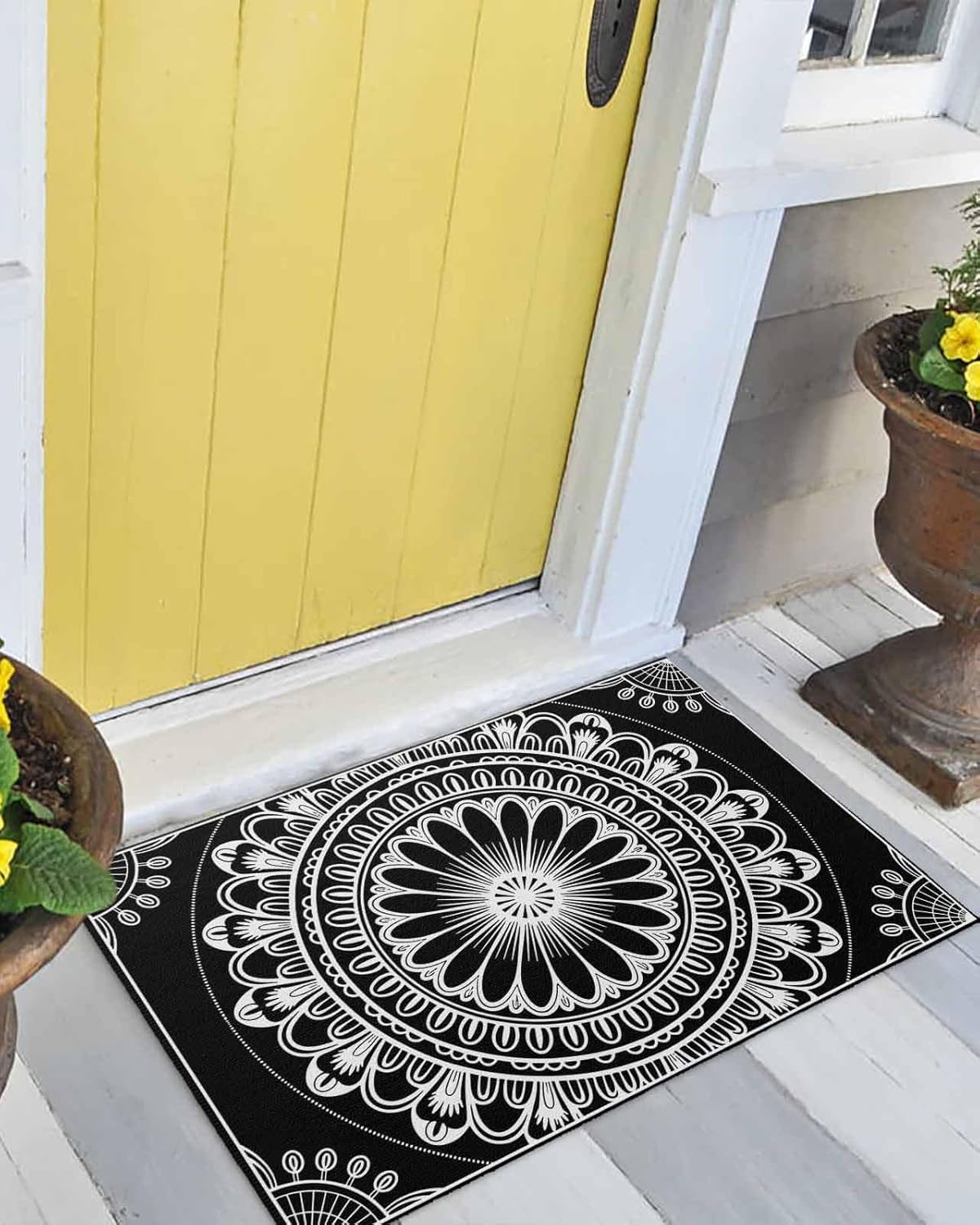 Front Door Mat Indoor Outdoor Abstract Art Ethnic Floral on Black Non-Slip Doormat Low Profile Patio Porch Entryway Rug 18x30in Bohemia Flower