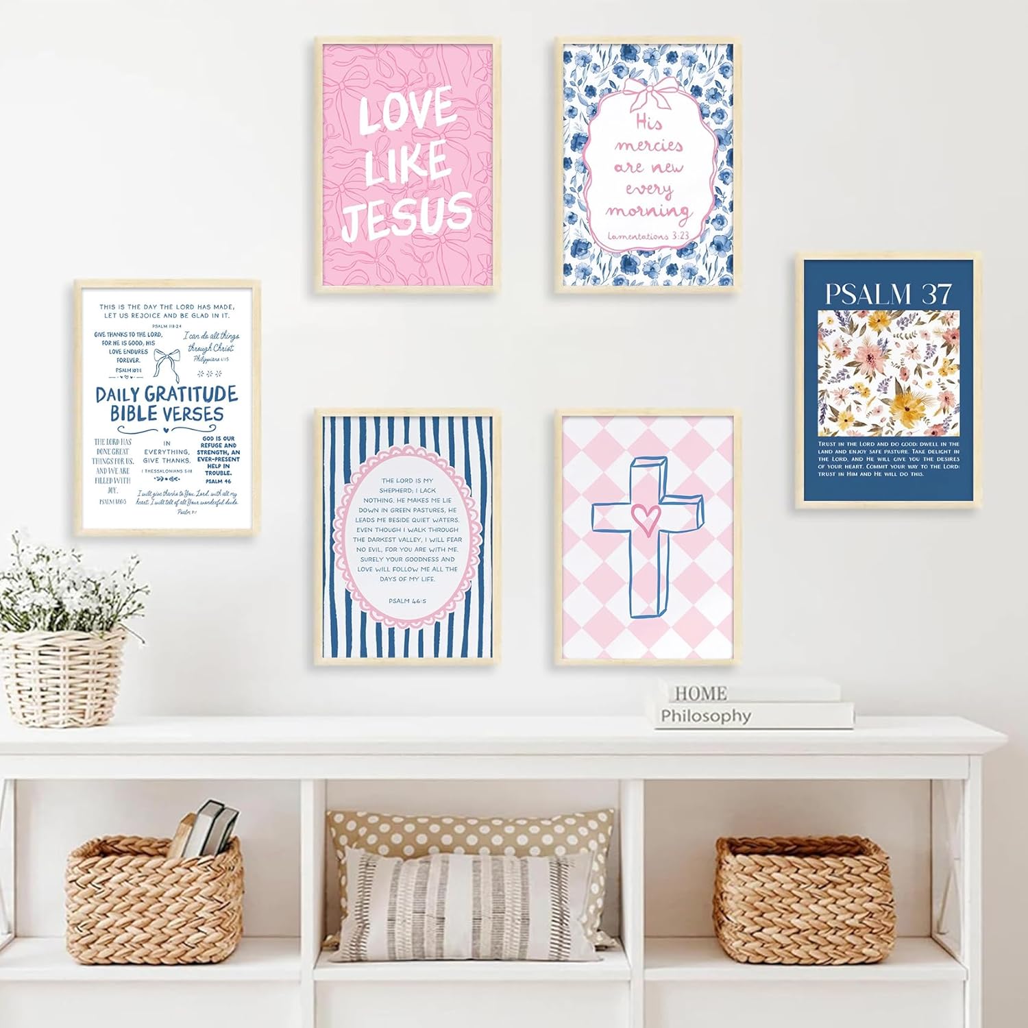6Pcs Pink Blue Christian Wall Art Bow Bible Verse Floral Canvas Wall Decor Religious Pictures Jesus Scripture Poster Prints Trendy Preppy Painting for Bedroom Girls Room College Dorm 12x16in Unframed