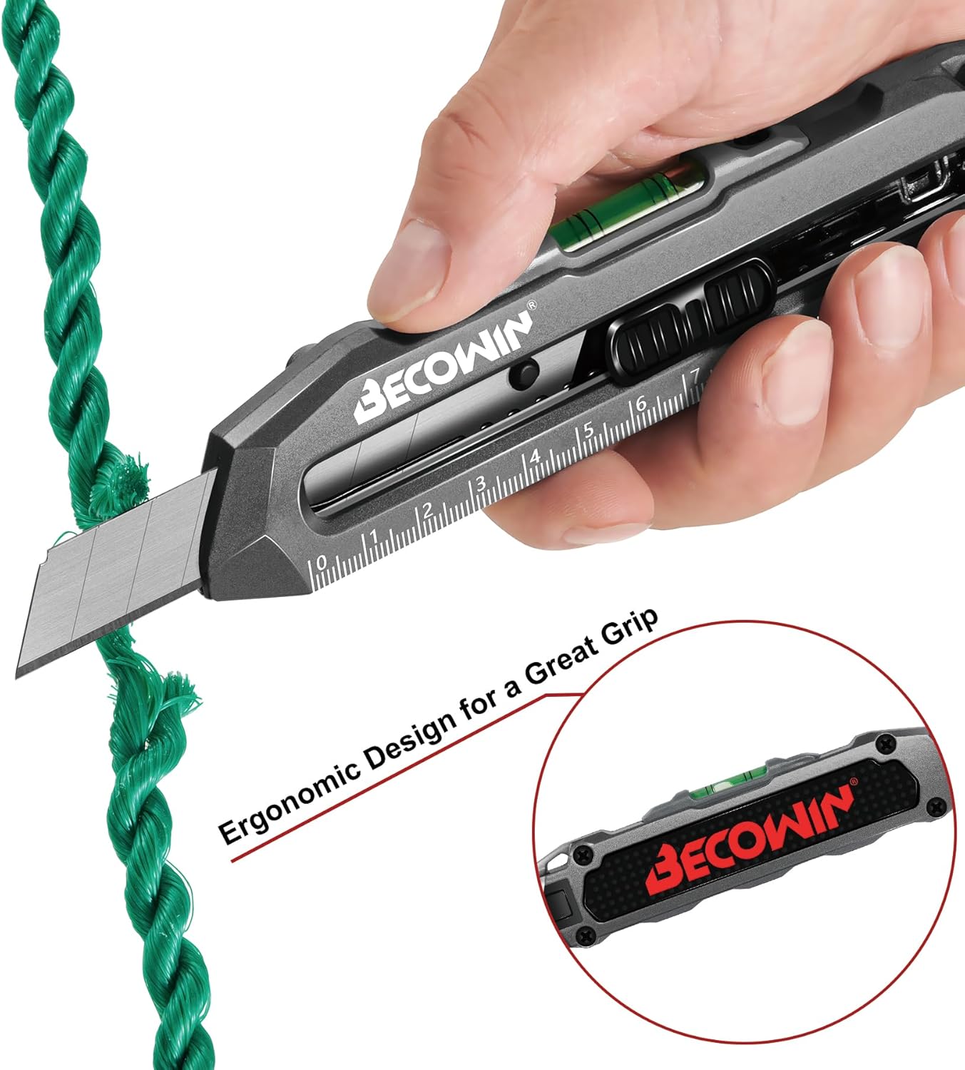 BECOWIN Multipurpose Utility Knife with Level and Ruler, Heavy Duty Metal Retractable Box Cutter Knife, 18MM SK5 Blade, Safety Lock Design for Measuring, Cutting Cartons, Cardboards and Boxes