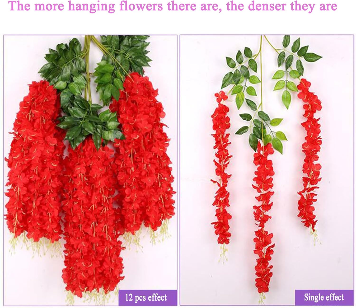 24pcs Wisteria Hanging Flowers,3.6 FT Fake Wisteria,Artificial Wisteria Hanging Flowers Wisteria Garland Arch Silk String for Wedding Garden Party Outdoor Home Wall Decoration (24pcs red)