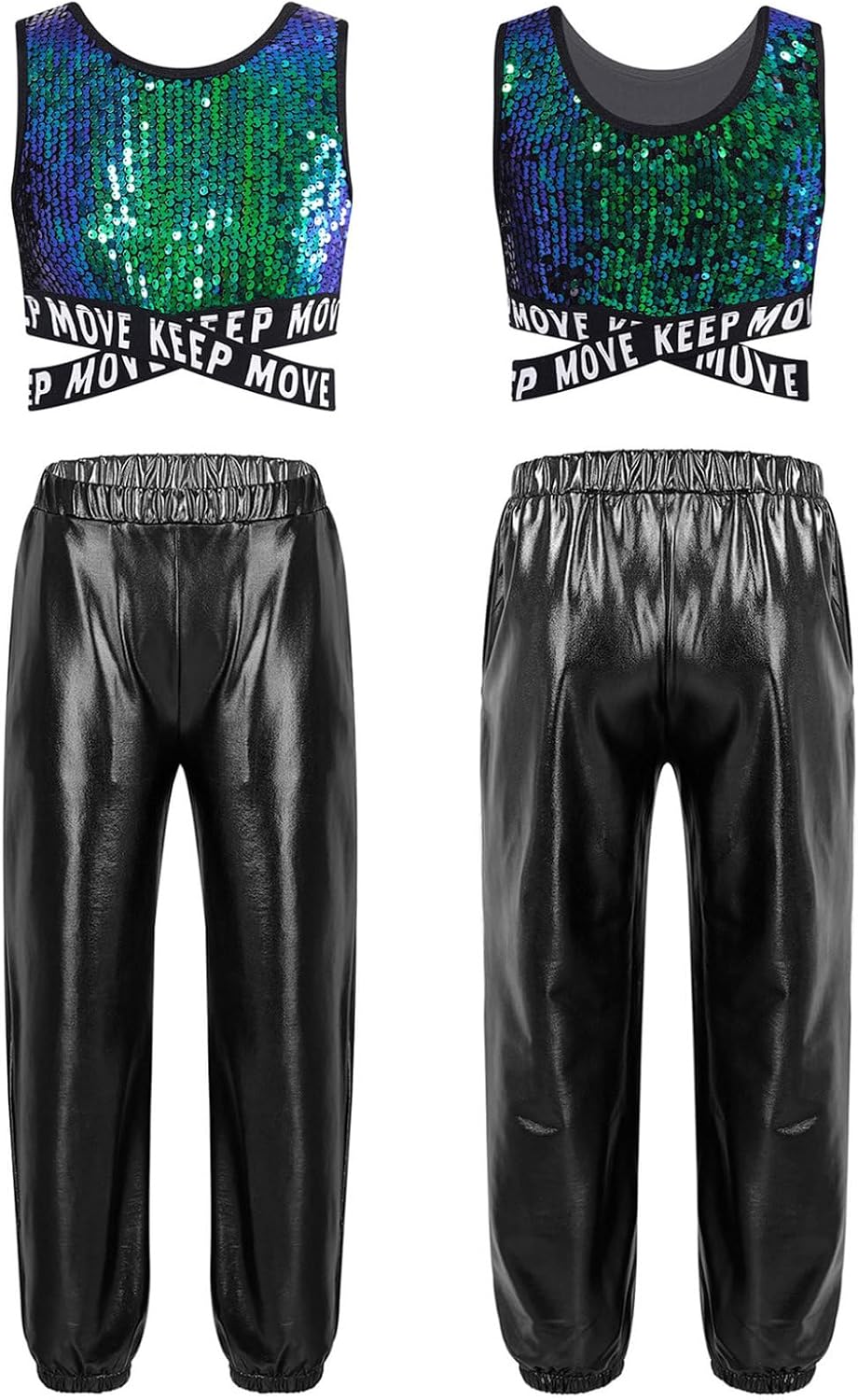 Girls Sequins Jazz Hip Hop Dance Outfits Crop Top with Metallic Pants Street Dancing Clothing Set