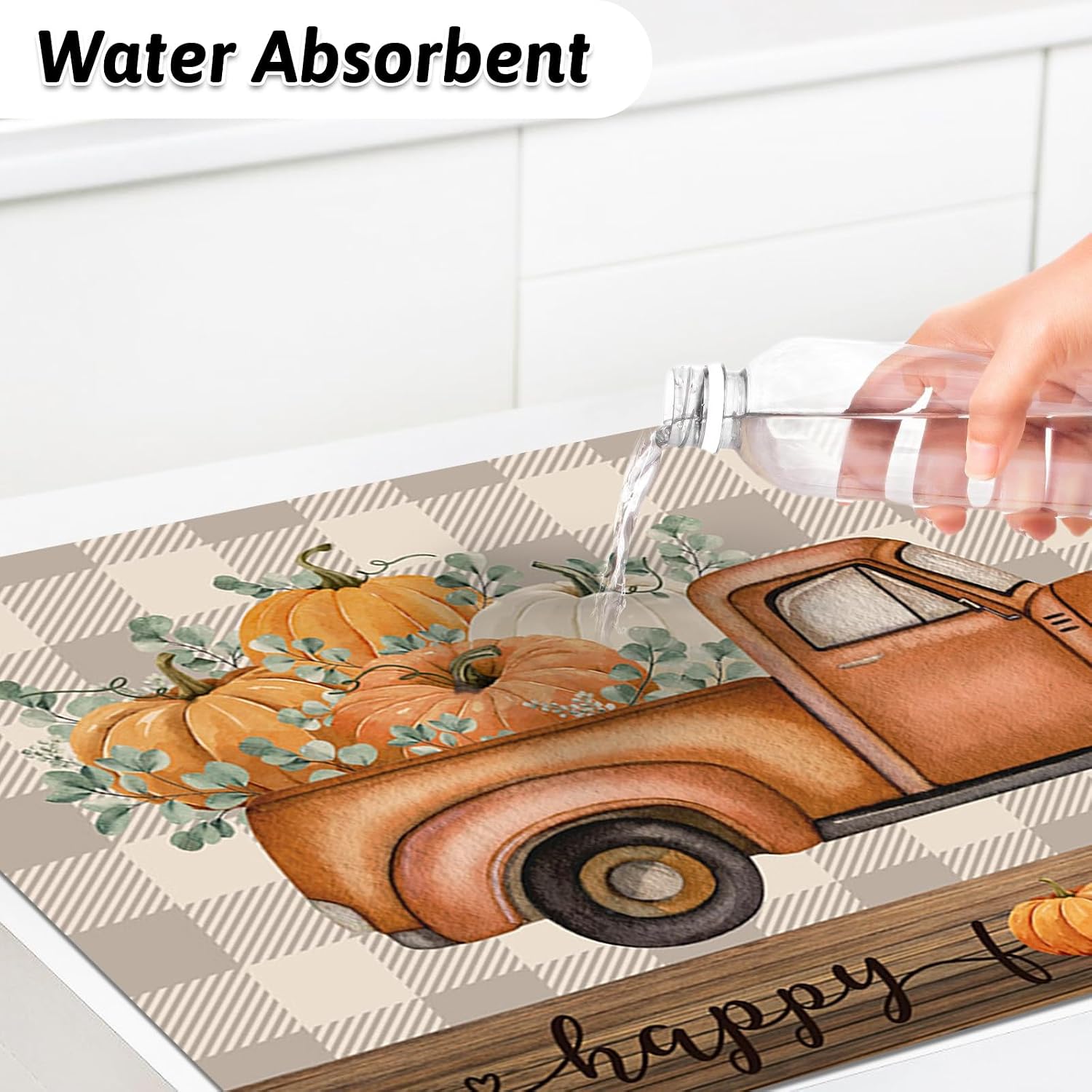 APROPHIC Fall Kitchen Mat Rugs Sets of 2,Orange Happy Fall Y'all Truck Pumpkin Tractor Checkered Rugs for Decorations Hallways,Sink,Laundry Room,Floor Non Slip Carpet Washable 16x24 + 16x41 in