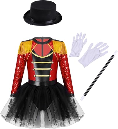 Lejafay Girls Circus Ringmaster Costume Carnival Halloween Lion Tamer Dress Up Tutu Dress with Hat Magic Wand Gloves Set