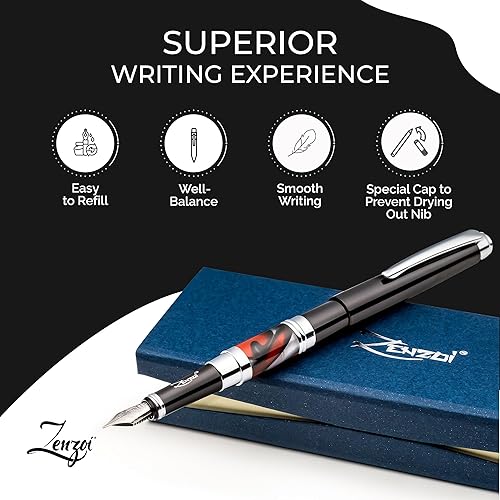 Vista 3 de ZenZoi Pluma estilográfica negra – Hermoso bolígrafo de escritura suave para hombres o mujeres. Punta fina Schmidt Premium. Juego de caja de regalo