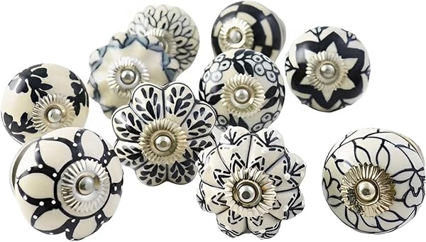 Ajuny Lot de 10 boutons de meuble en céramique noir & blanc vintage – formes citrouille & rond, peints à la main – poignées pour tiroirs, portes de placard & armoires de cuisin - 2