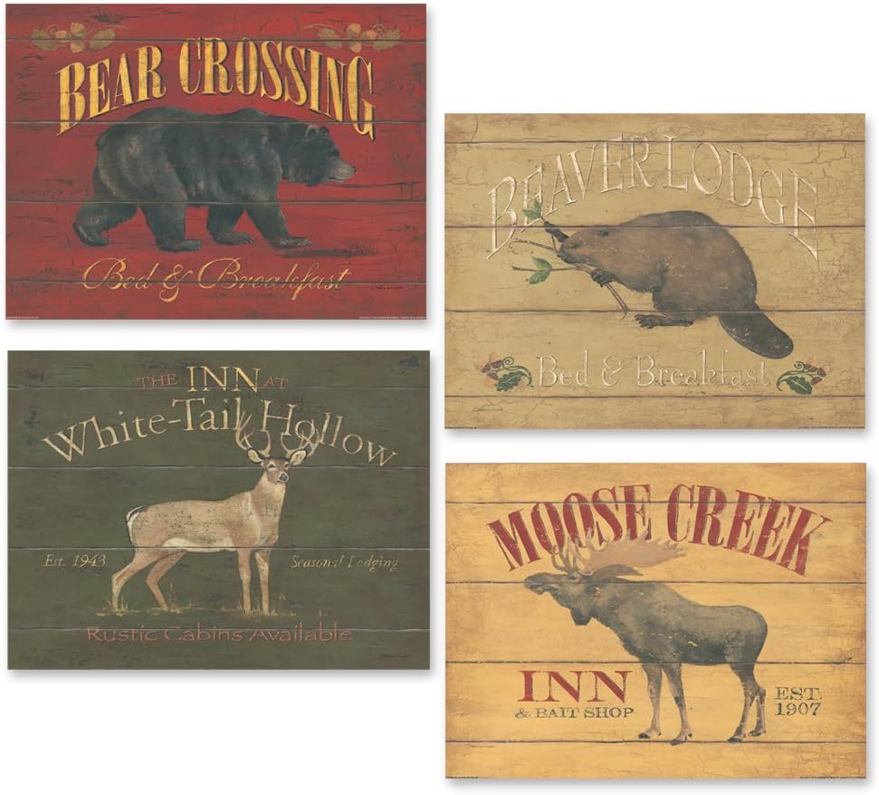 Rustic Deer Bear Beaver and Moose Sign; Cabin Lodge Decor; Four 16x12in Poster Prints