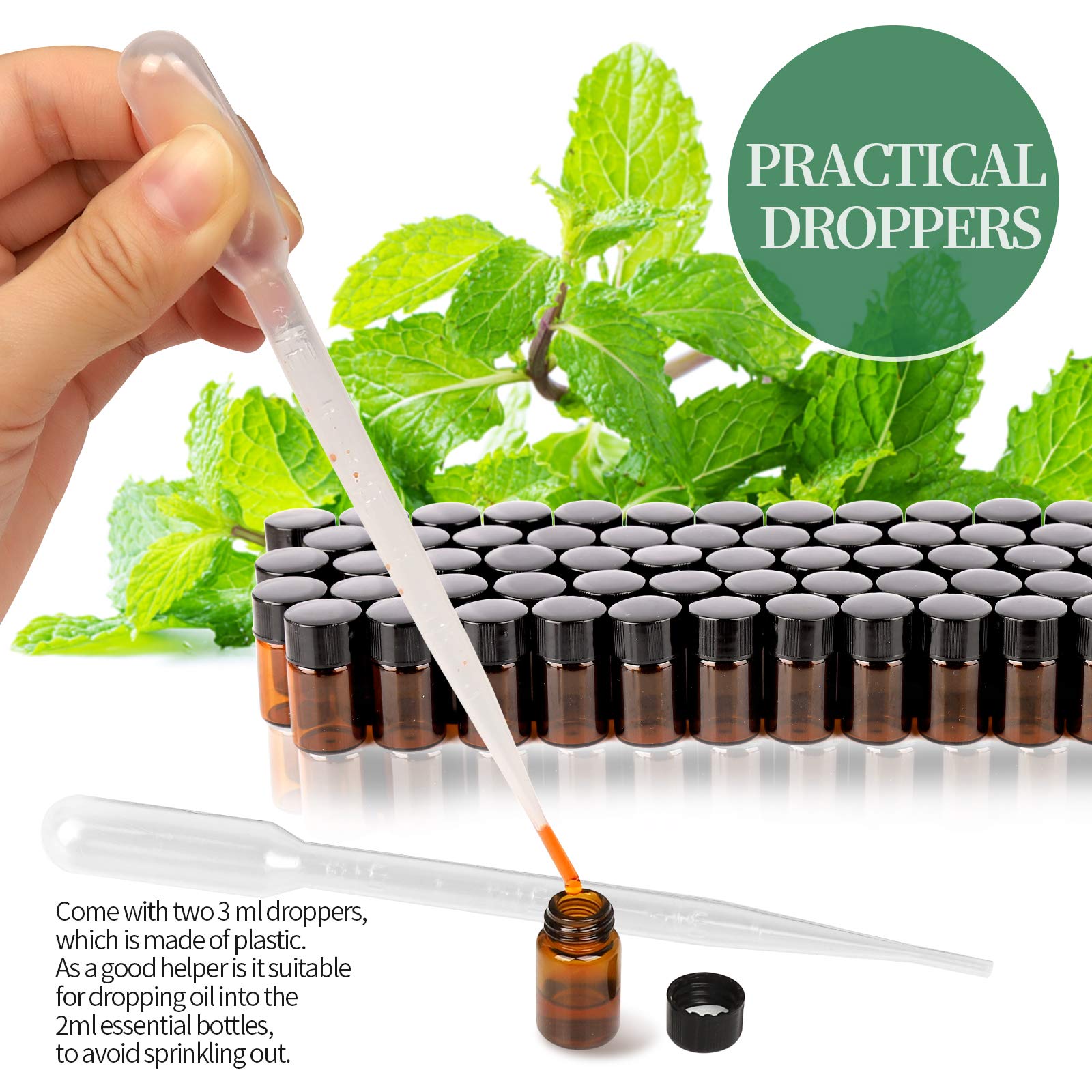 FANDAMEI 100 x 2 ml Braune Leere Glasflaschen, Fläschchen für Ätherische Öle, Mini Glasflasche mit Orifice Reducers, Perfekt für Ätherisches Öl, Spa, Massage, Aromatherapie