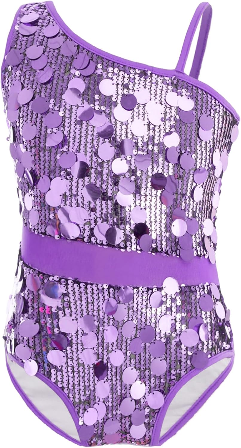 Kids Girls One Shoulder Sequin Ballet Leotard Sleeveless Sparkly Jazz Dance Unitard Gymnastics Bodysuit