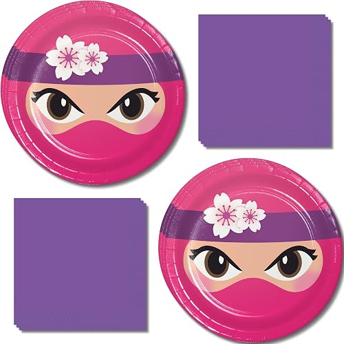 Girl Pink Ninja Party Supplies - Ninja Girl Paper Dessert Plates and Beverage Napkins (Serves 16) - Pink Ninja Party Tableware