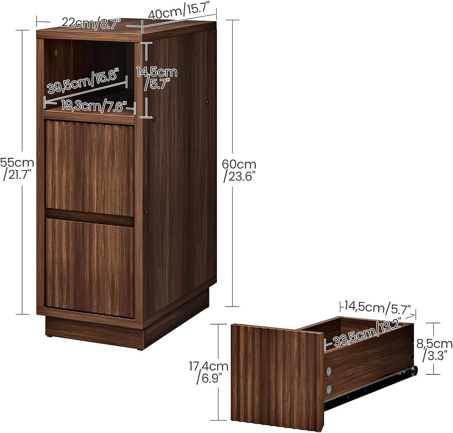 8.7" Narrow Fluted Nightstand, Small Bedside Table with Drawers, Skinny Side Table, Modern Nightstand with 1 Semi-Open Shelf, Floating End Table, for Living Room, Bedroom, Walnut MBZ12HT