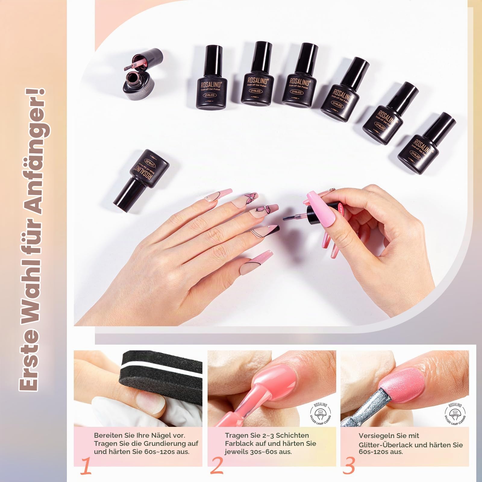 ROSALIND UV Nagellack Set 65 Stück Rosa Blau Grün Lila Rot Schwarz Braun