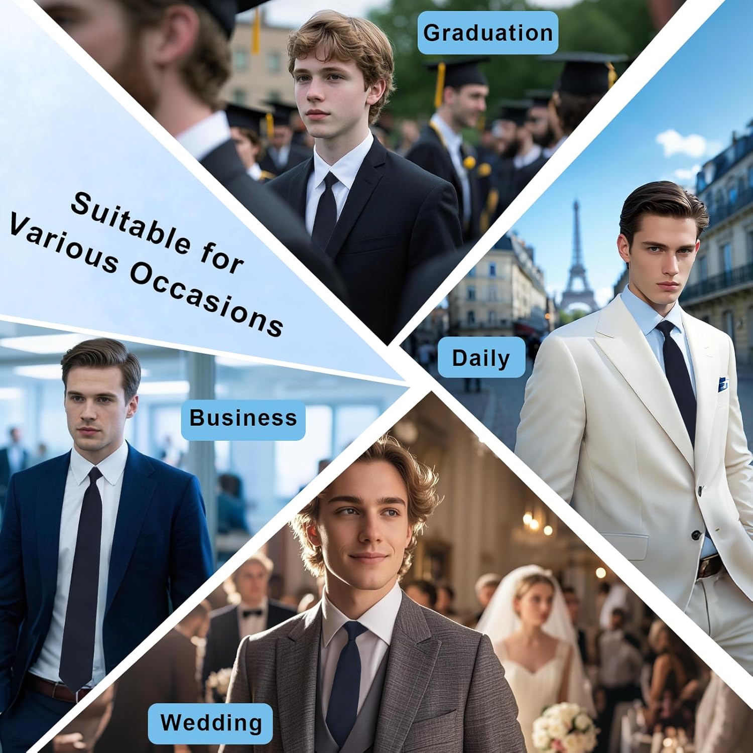 Clip on Ties for Men, Pre-tied Suit Mens Ties Solid Color Men's Neckties for Wedding Business Graduation School - Image 5