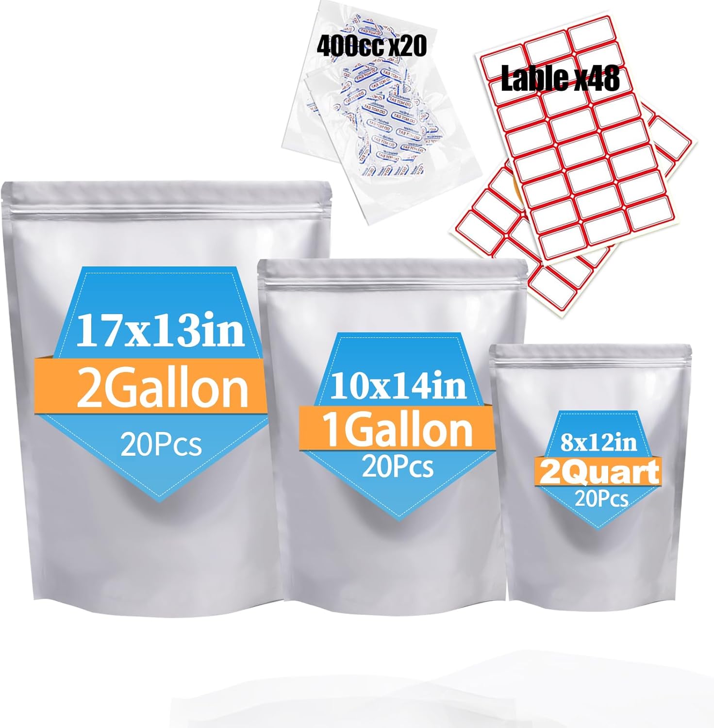 60PCS 10"X14" 8"X12" 13"X17" Mylar Bags for Food Storage with Oxygen Absorbers&Lables,10 Mil Thick Resealable Stand-Up Zipper&Heat Sealable Bags for Long Term Food Storage,Dried Food