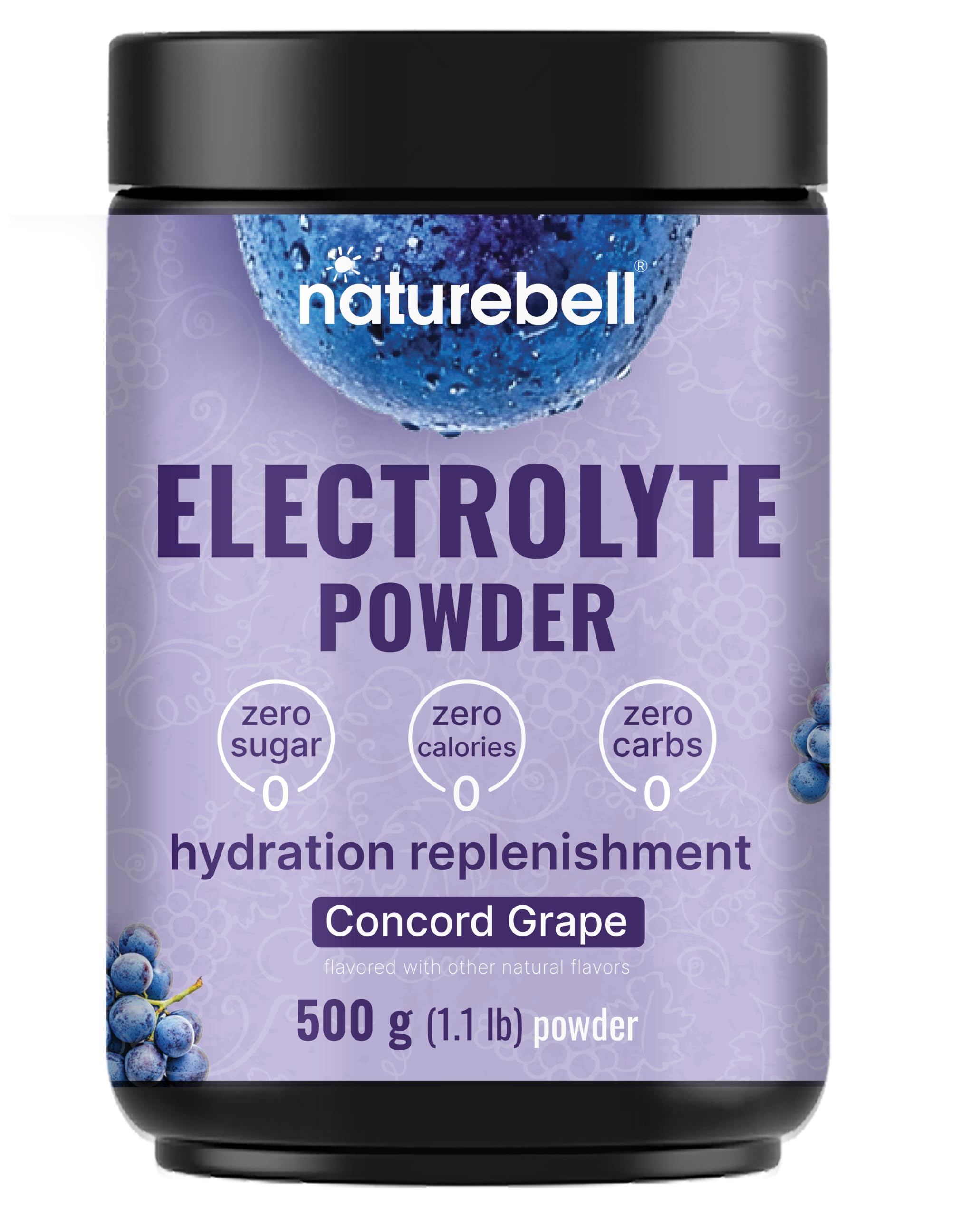 NatureBell Electrolytes Powder No Sugar, 500g (76 Servings) | Keto Fast Hydration Powder, Carnivore-Friendly Electrolyte – 1,000mg High Potassium, Minerals, & Coconut Water – Concord Grape Flavor