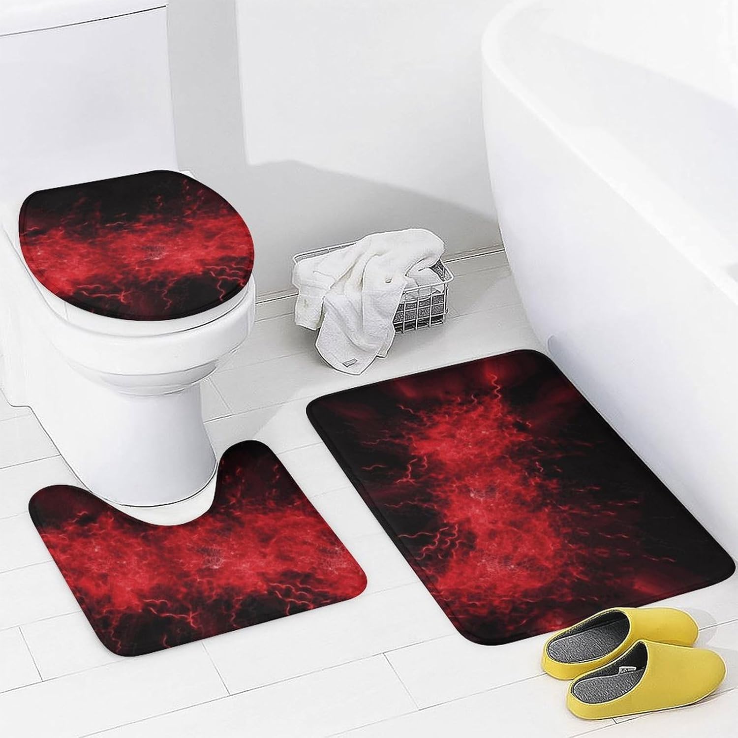 4 Piece Bathroom Rug Set with Shower Curtain, Non-Slip Bath Mat Toilet Cover Set, Explosion Burst Red Black Bathroom Rug Sets